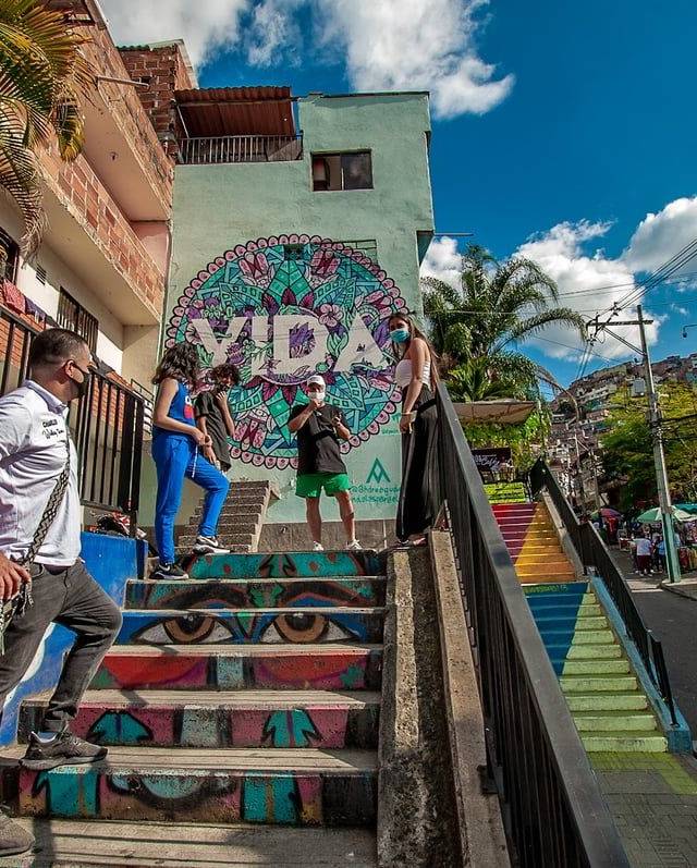 Comuna 13 escalators and murals in Medellin